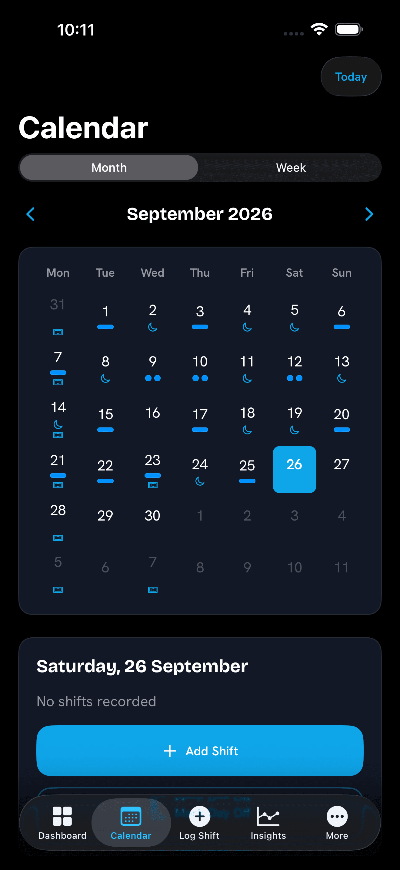 ShiftGoal calendar with a month of work activity.