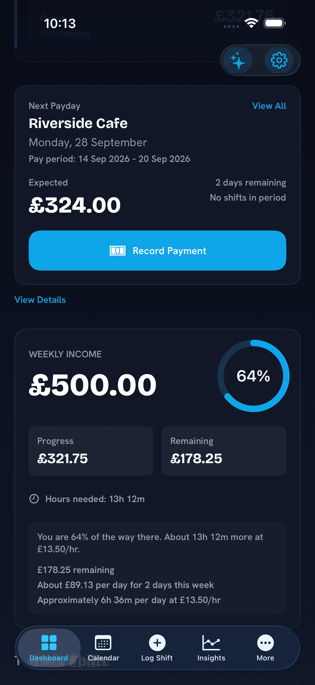 ShiftGoal income goal with weekly progress and hours still needed.