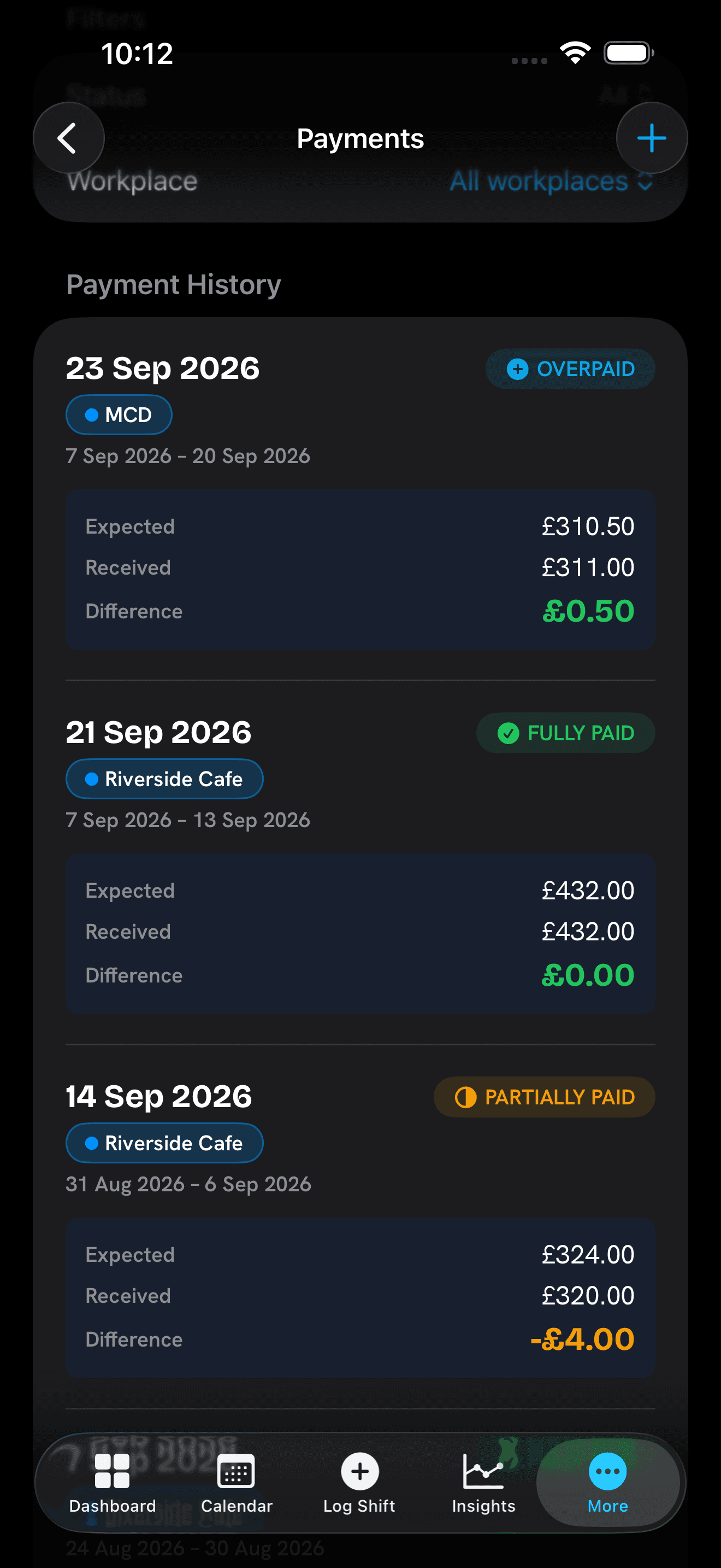 ShiftGoal payments list with expected and received amounts for recent pay periods.